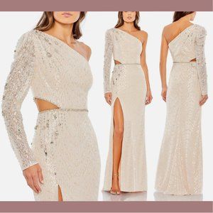 NWT $698 Mac Duggal [ 2‎ ] Lace Embellished One Sleeve Cut Out Gown Ivory White